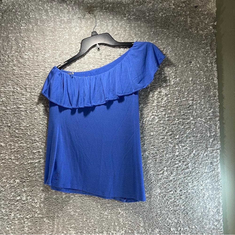 Lilly Pulitzer Shirt Womens XS Naveah One Shoulder Ruffled Trim Blue Rayon